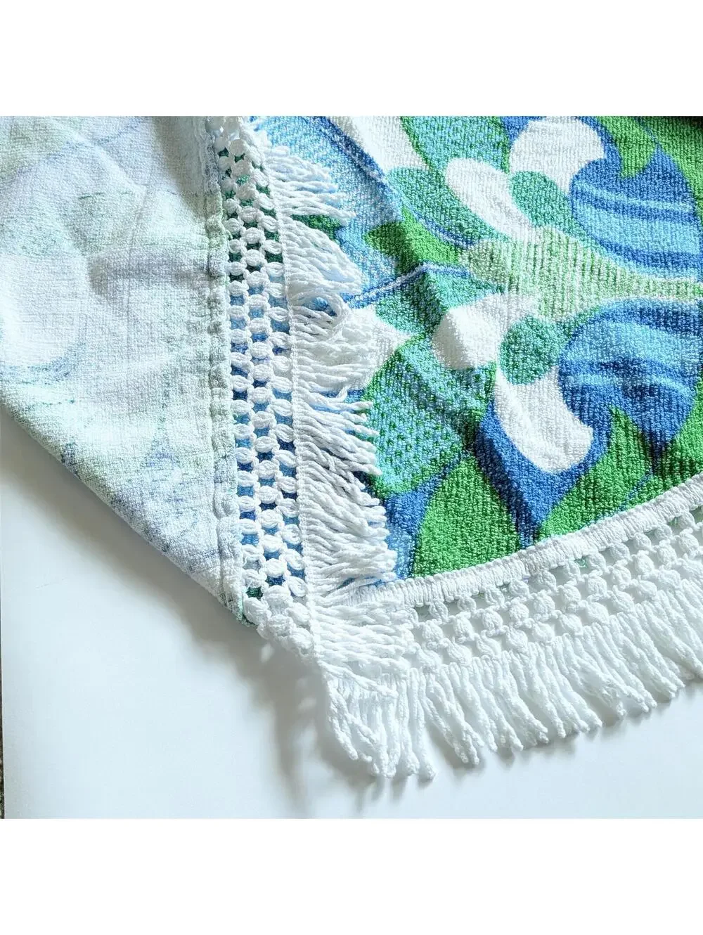 Vintage Round Terry Cloth Tablecloth with Groovy Print and Fringed Edge